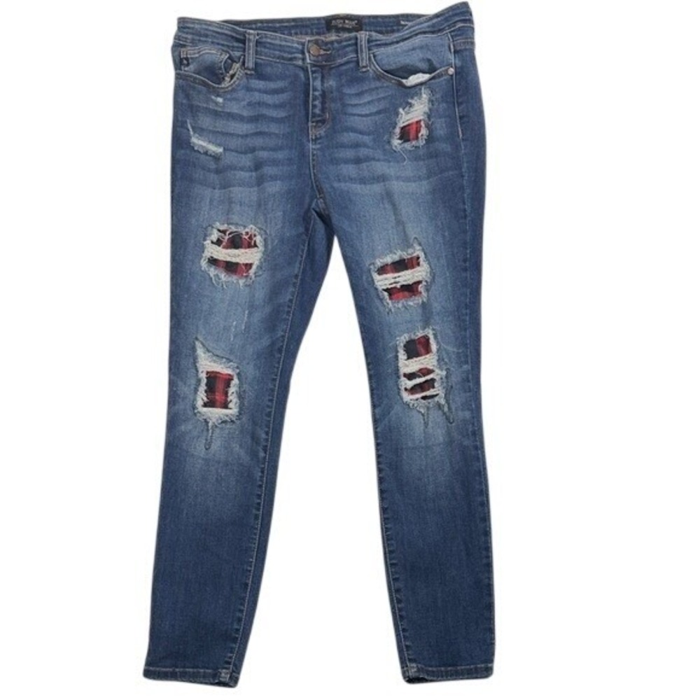 Judy Blue Womens Skinny Jeans Blue Distressed Buffalo Plaid Patch JB8268DK 15/34